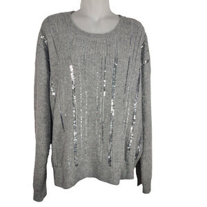 Calvin Klein Women's Sequin Sweater Pullover Gray Ribbed Knit Size Large Holiday